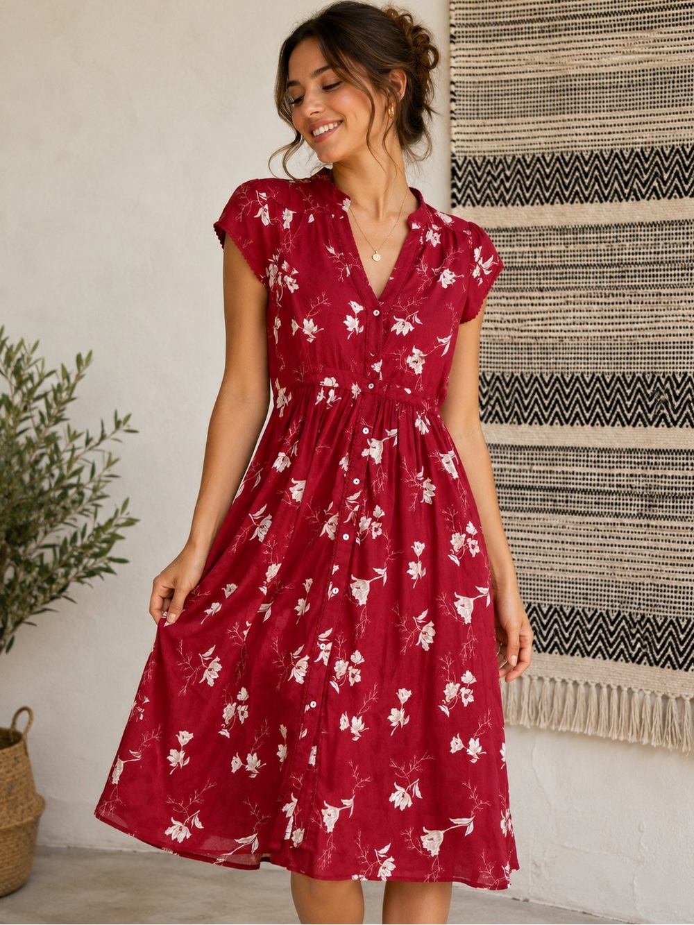knot sisters Red Floral V-Neck Button Midi Dress